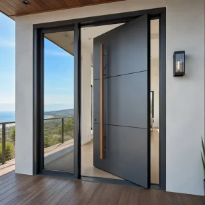Modern Minimalist Matte Grey Pivot Door with Wood Handle and Glass Sidelight for Villa