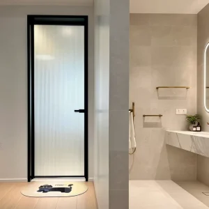 Modern Minimalist Slim Frame Aluminum Swing Door with Waterproof Double-Sided Frosted Glass for Bathroom