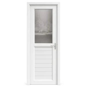Modern Minimalist White UPVC Swing Door with Horizontal Stripe Frosted Glass for Villa or Apartment Interior