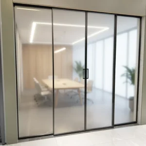 Modern Office Sliding Entry Door Double-Glazing Tempered Glass Finished Aluminum Frame Soundproof Interior Use