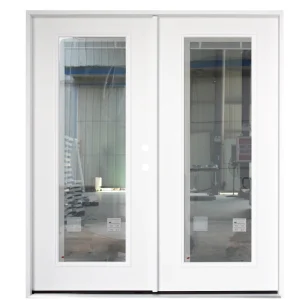 Modern Patio Fiberglass Double Full Lite Swing Door Primed White with Transom and Finished Surface