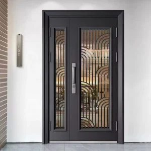 Modern Residential Steel Security Unequal Double Door with Tempered Glass