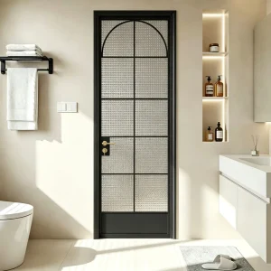 Modern Simple Arched Swing Interior Door Frosted Pattern Glass Alloy Frame Easy Maintain for Tiny Apartment Bath Decor