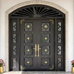 Modern Single Wrought Iron Tempered Glass Entry Door, Anti-Theft, Side Opening