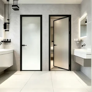 Modern Slim Frame Aluminum Glass Swing Door For Bathroom Waterproof Anti rust Internal Door With Frosted Fluted Tempered Glass