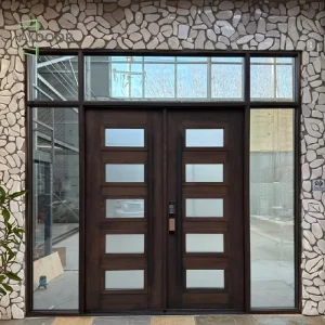 Modern Solid Wood Double Entrance Door with Sidelights, Glass Panels, Black Finished Surface