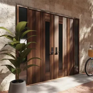 Modern Solid Wood Entrance Door in Original Wood Color with Long Handle for House