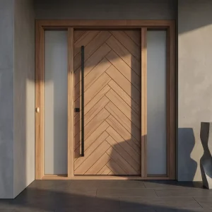 Modern Solid Wood Front Entry Door with Sidelite Glass Chevron Pattern Wooden Door for Luxury Villa House