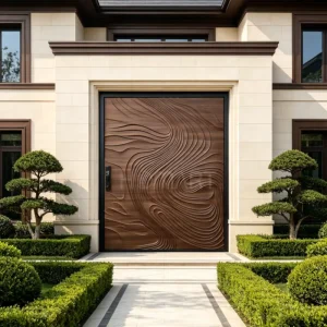 Modern Solid Wood Grain Pivot Entry Door with 3D Abstract Wave Carving
