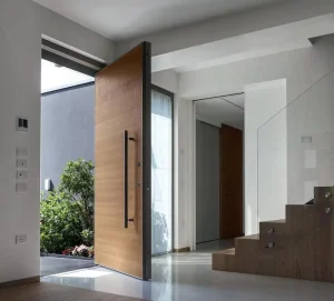 Modern Solid Wood Pivot Entry Door with Sidelite and Anti-Theft Feature for Villa