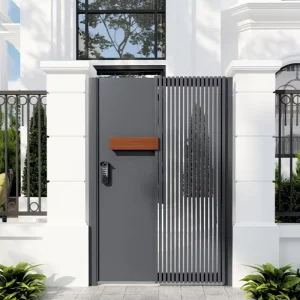 Modern Split Panel Wood Accent Vertical Slat Custom Metal Entrance Villa Front Door Anti-Theft Smart Lock Security Gate