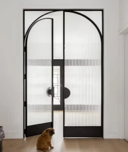 Modern Steel Black Frame Double Glass French Swing Door with Reeded Glass