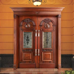 Modern Teak Solid Wood Exterior Front Entry Door with Carved Pattern for House or Villa