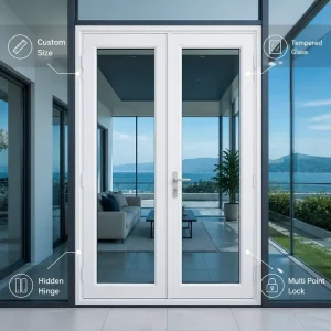 Modern UPVC Casement Door Tempered Double Glass Hidden Hinge Multi-Point Lock Custom Size Outdoor Patio Entry
