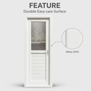 Modern UPVC Swing Door with Frosted Tree Art Glass, Shutter Slat Bottom Panel, Multi-Point Lock, EPDM Seal, Custom Color