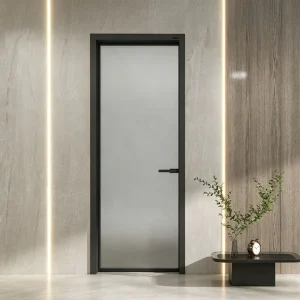 Modern Waterproof Interior Bathroom Narrow Frame Aluminum Alloy Tempered Glass Swing Door, Customized Color and Size