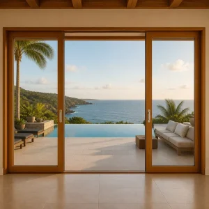 Modern Wood Frame Sliding Glass Door Finished Surface Exterior Villa Pool