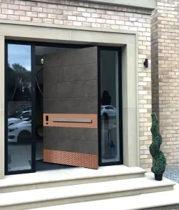 Modern Wood-Grain Finish Aluminum Off-Axis Exterior Door, for Office, Villa, Hotel, or Art Space