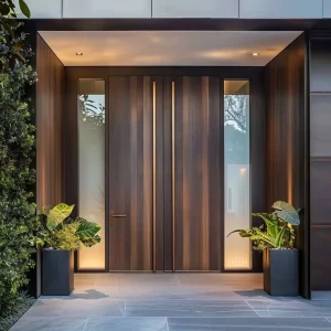 Modern Wood Grain Steel Smart Lock Front Exterior Door with Wood Finish