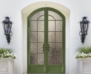 Modern Wrought Iron Double Door with Glass and Metal Frame Water Resistant for Exterior Swing and Patio Apartment & Hotel Use