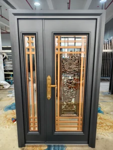 Modern Wrought Iron Steel Wood Entry Security Door with Glass Exterior Fire Prevention Finished Surface Manual Opening