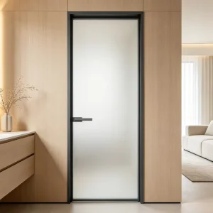 Narrow Border Matte Black Interior Partition Swing Door with Frosted Glass, Moisture Proof Aluminum