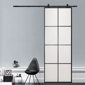Narrow-Frame Aluminum Hanging-Track Barn Door with Tempered Glass and Soundproofing for Bathrooms