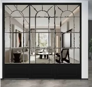 Narrow Frame Arch Top Aluminum Alloy Glass Swing Door with Hammered Glass Panel, Art Deco French Style