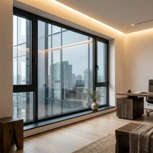 Narrow Frame Black Aluminum Alloy Sliding Window, Thermal Break, Double-Glazed, Soundproof, Kitchen and Entry