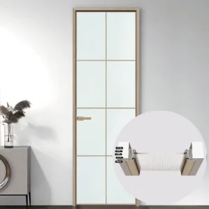Narrow-Frame Full Aluminum Glass Swing Door with Fluted Frosted Glass and Grid Design