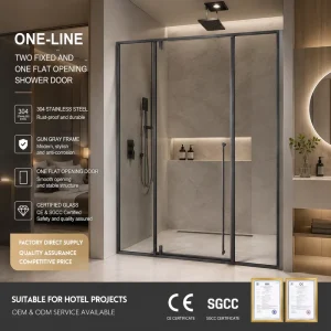 Narrow-Frame Tempered Glass Stainless Steel Shower Screen with Two Fixed Panels and One Pivot Door 8mm Thick