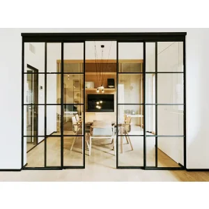 Narrow Steel-Frame Glass Sliding Door with Hidden-Track Design for Dining Partition