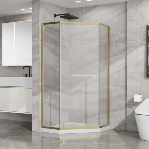 Neo-Angle Frameless Corner Shower Enclosure with 36″ W x 72″ H Pivot Door, Gold Finish