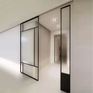 New Design European Style Aluminum Black Frame Glass Sliding Door Narrow Frame Interior Partition Frosted Sliding Glass Door