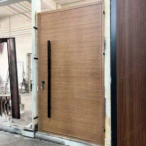 North American Hardwood Aluminum Exterior Entrance Door with Solid Wood Flush Design, Windproofing, and Soundproofing