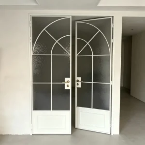 OEM Service Ultra Narrow Aluminum Alloy Frame Casement Glass Swing Door with Arched Grill Design