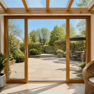 Oak Beam Sunroom Triple Sliding Glass Door Patio Garden