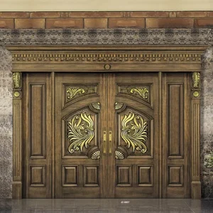 Oak Solid Wood Double Front Door with Retro Phoenix Carving for Villa
