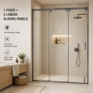 One-Shaped Solid Dual-Linked Modern Sliding Shower Door for Bathroom with Tempered Glass, 304 Stainless Steel, 8mm Thickness