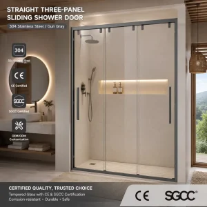 One-Shaped Three-Linked Sliding Shower Door, Tempered Glass, Stainless Steel Frame, Commercial Use
