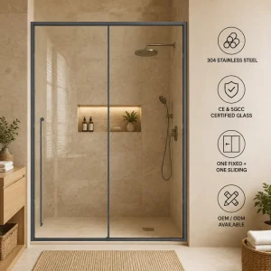 One-shaped Fixed Sliding Shower Door with Tempered Glass and Stainless Steel Easy Clean Durable Frame for Hotels Villas Apartments