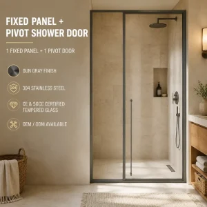 One shaped Fixed and Pivot Shower Door with Stainless Steel Frame 8mm Thick Glass Durable & Easy Clean 5 Year Warranty