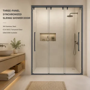 One shaped Three Linked Sliding Shower Door with Tempered Glass & Stainless Steel Durable Easy Clean Frame for Commercial Use