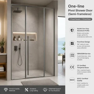 One-shaped Two Fixed Hinge Pivot Shower Door (Half-Edge) Modern Design Tempered Glass Bathroom Hotel