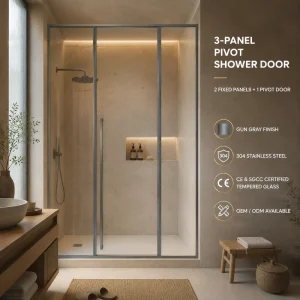 One shaped Two Fixed Pivot Shower Door with Stainless Steel Frame 8mm Thick Glass Durable & Easy Clean Design for Commercial Use