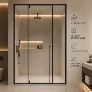 One-shaped Two-fixed Pivot Axis Shower Door with Tempered Glass and Stainless Steel Durable Design for Hotels Villas