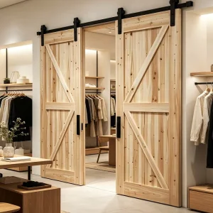 Pastoral Solid Fir Wood Sliding Barn Door Natural Log X-Panel Chinese Style