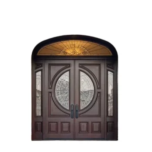 Postmodern Solid Wood Arched Double Entrance Door with Glass, Waterproof