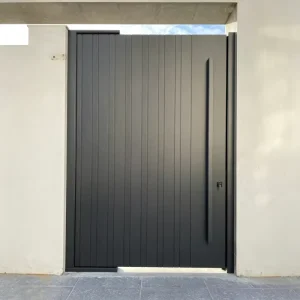 Powder-Coated Aluminum Gate with Vertical Slat Panel and Pull Handle for Residential Front Entrance