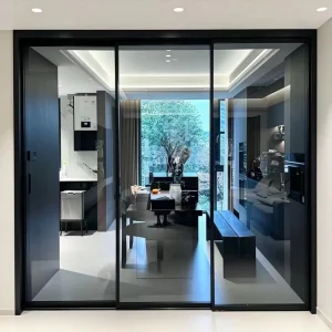 Press-Seal Four-Panel Sliding Glass Door with UV Protection and Reinforced Tempered Glass for Supermarket and Commercial Interiors